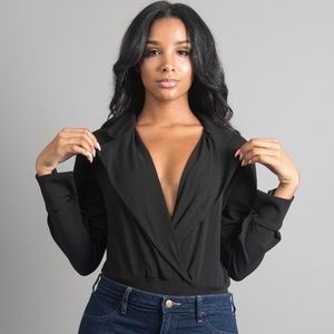 Bintou | Double Lapel Wrap Bodysuit in Black